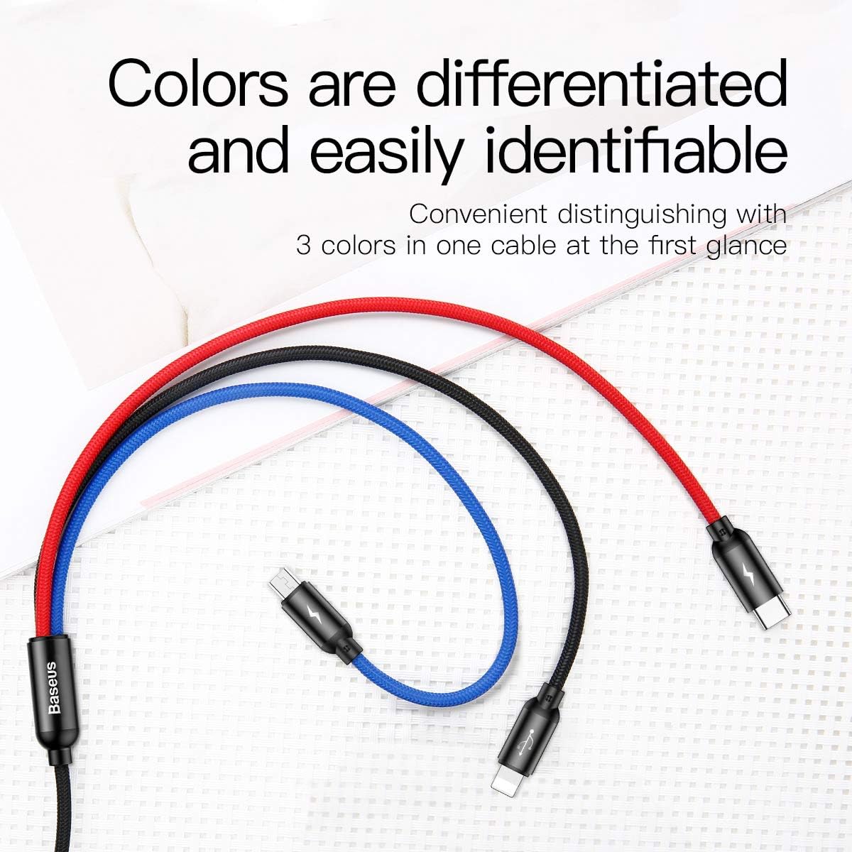 Baseus 3 in 1 USB Charging Cable Lighting Micro and Type C Three Primary Colors Data Sync Quick Charging — 30 Centimeters — Black