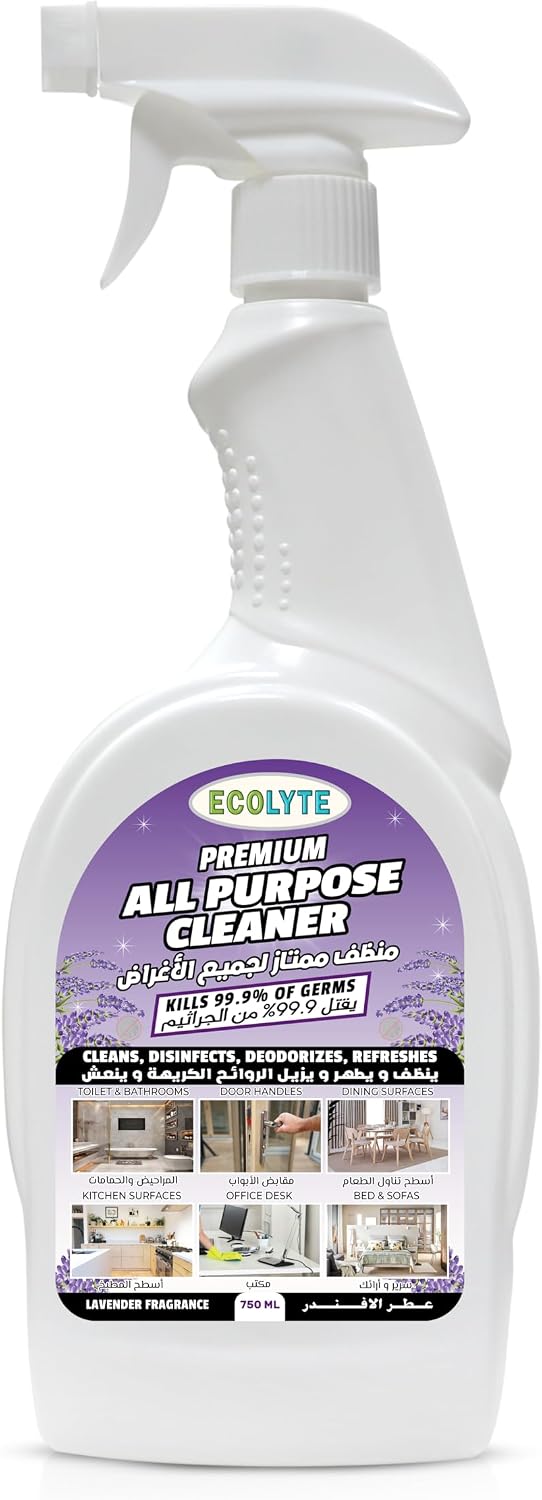 ECOLYTE+ All Purpose Cleaner, Premium for 100% Removal of Dirt, Cleans, Disinfects, Deodorizes & Refreshes, Kills 99.9% Germs, Trigger Spray Bottle – (Lavender, 750ml) — front product image