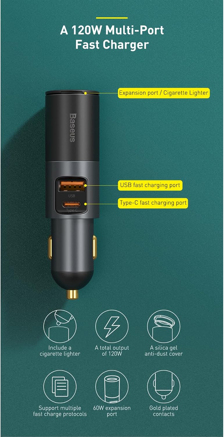 Baseus USB C Car Charger 120W Baseus Multi USB Fast Charging QC 3.0 & PD 3.0 30W+30W+60W 1 USB, 1 Type-C and Expansion Ports Cigrette Lighter for Smartphones/Tablets/Switch — Grey