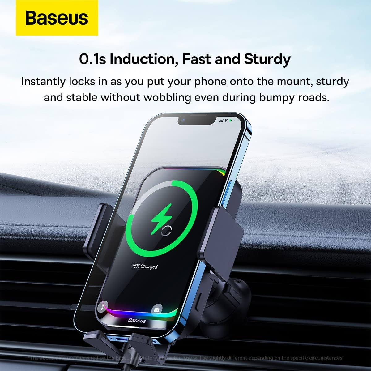 Baseus 15W Car Wireless Charger for Air Vent, Auto Clamping Car Phone Holder, Automatic Induction & Dynamic Lighting Car Phone Mount — Black