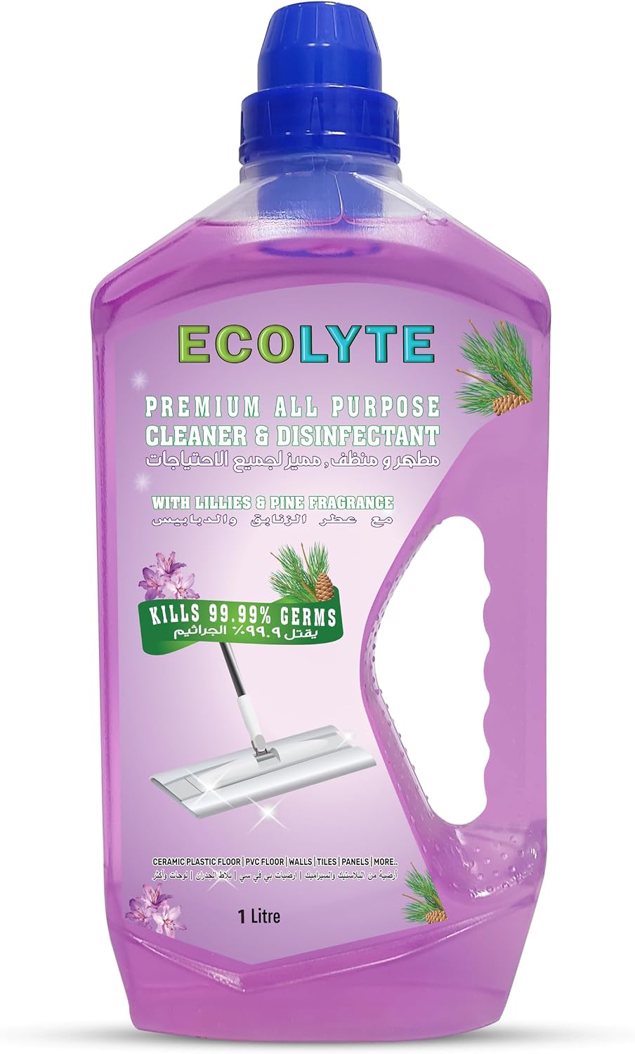 ECOLYTE+ Floor Cleaner, Premium All Purpose Cleaner Plus Disinfectant, for Hospital, Home, Office & Commercial Use for Dirt, Stains & Germs, Floor Cleaning (Lillies & Pine, 1 Liter) — front product image