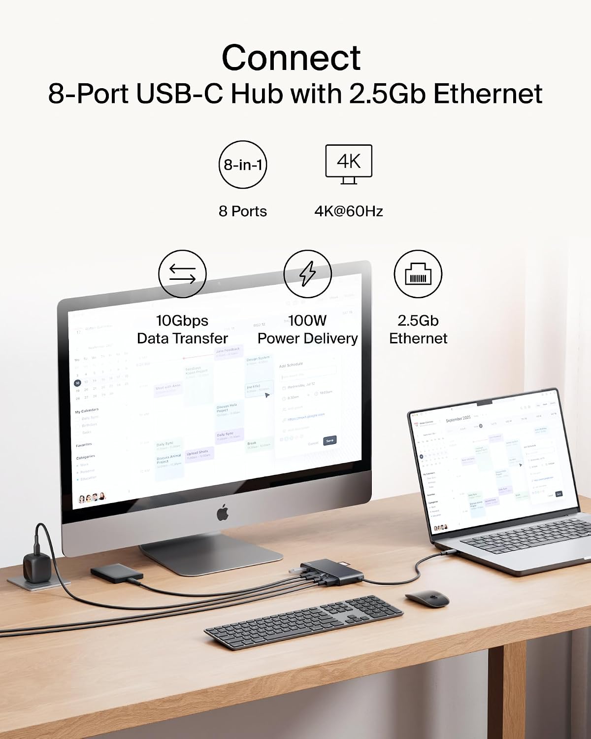 Belkin Connect 8-Port USB C Hub, Supports Display w/Resolutions up to 4K@60Hz - Works with Mac, Windows, and Chromebook - 100W PD w/ 10Gbps Data Transfer Speeds & 2.5Gbps Ethernet - Black