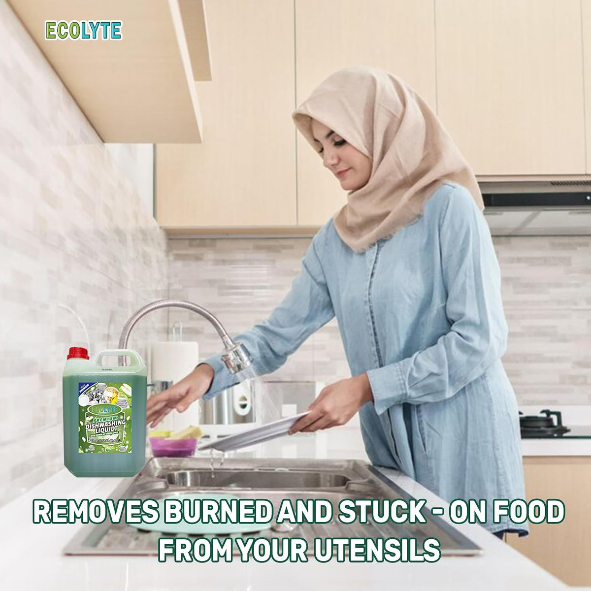 ECOLYTE+ Dishwashing Liquid Soap, Platinum Antibacterial Detergent & Perfect Shine, All Purpose Cleaner, Leaves No Residue, Kitchen Cleaner, Removes Grease & Oil - (Green Apple, 5 Liter) — additional view 4