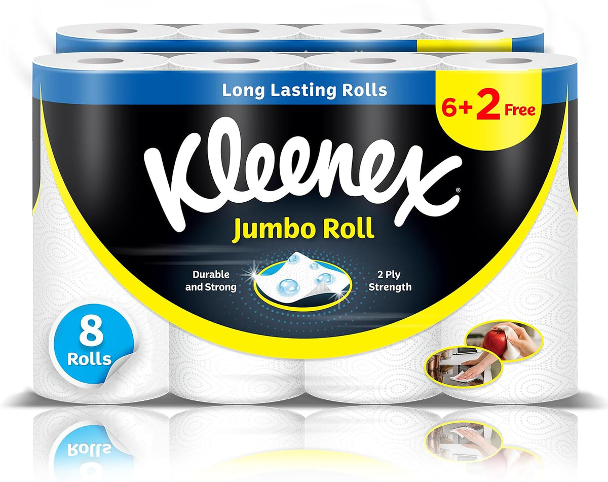 Kleenex Multi Purpose Kitchen Tissue Paper Towel, 2 PLY, 8 Rolls x 90 Sheets, Absorbent Towels for all Surfaces — front product image