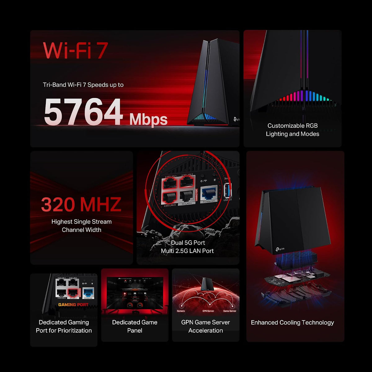 TP-Link Tri-Band BE11000 Wi-Fi 7 Gaming Router Archer GE650 | 6-Stream 11 Gbps supports 320MHz | 2×5G + 3×2.5G Ports USB 3.0 | Game Acceleration, Dedicated Gaming Port & Panel, RGB Lighting|HomeShield