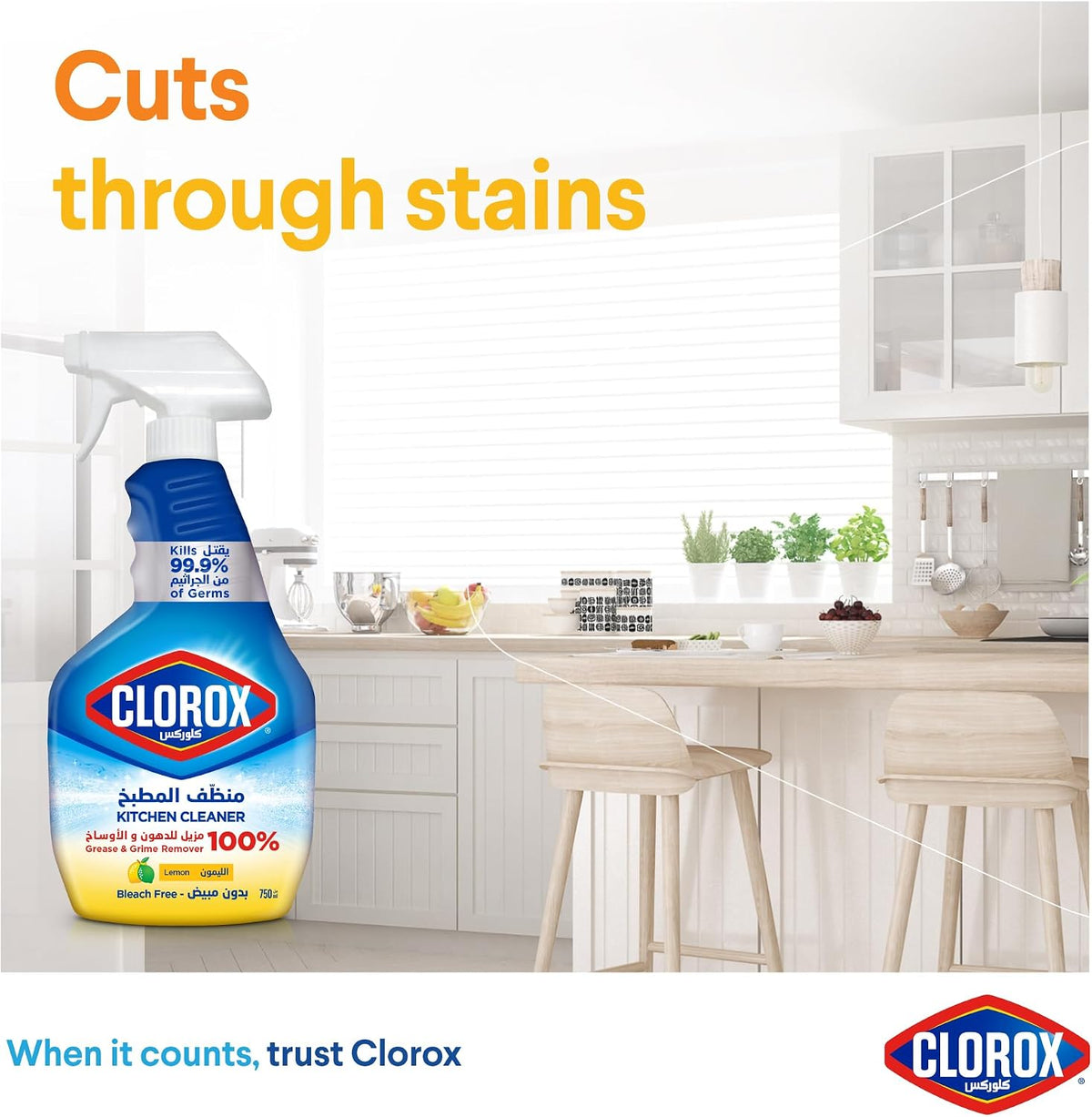 Clorox Kitchen Spray Cleaner Lemon, 750ml, Bleach Free, Kills 99.9% of Germs, 100% Grease and Grime Remover — additional view 5