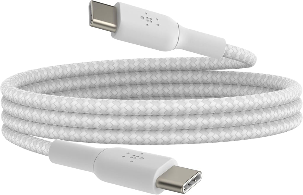 Belkin Fast Charge (0.5ft) Braided USB-C to USB-C Cable for iPhone 16, iPhone 16 Pro, iPhone 16 Pro Max, iPhone 16 Plus, iPhone 15, Galaxy S24, S23, Note10, Pixel 9, Pixel 8, iPad Pro & More - White