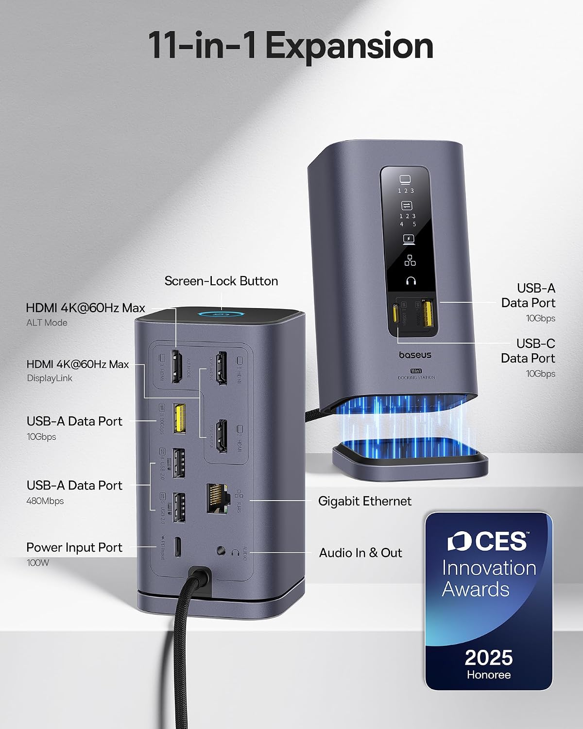 Baseus Spacemate Displaylink Docking Station USB C, 11 in 1, 3 Monitor 4K, 10Gbps USB-C/A, PD 100W, Ethernet, Audio, for M1/M2/M3/Win and MacOS — Triple Monitor for macOS — Grey