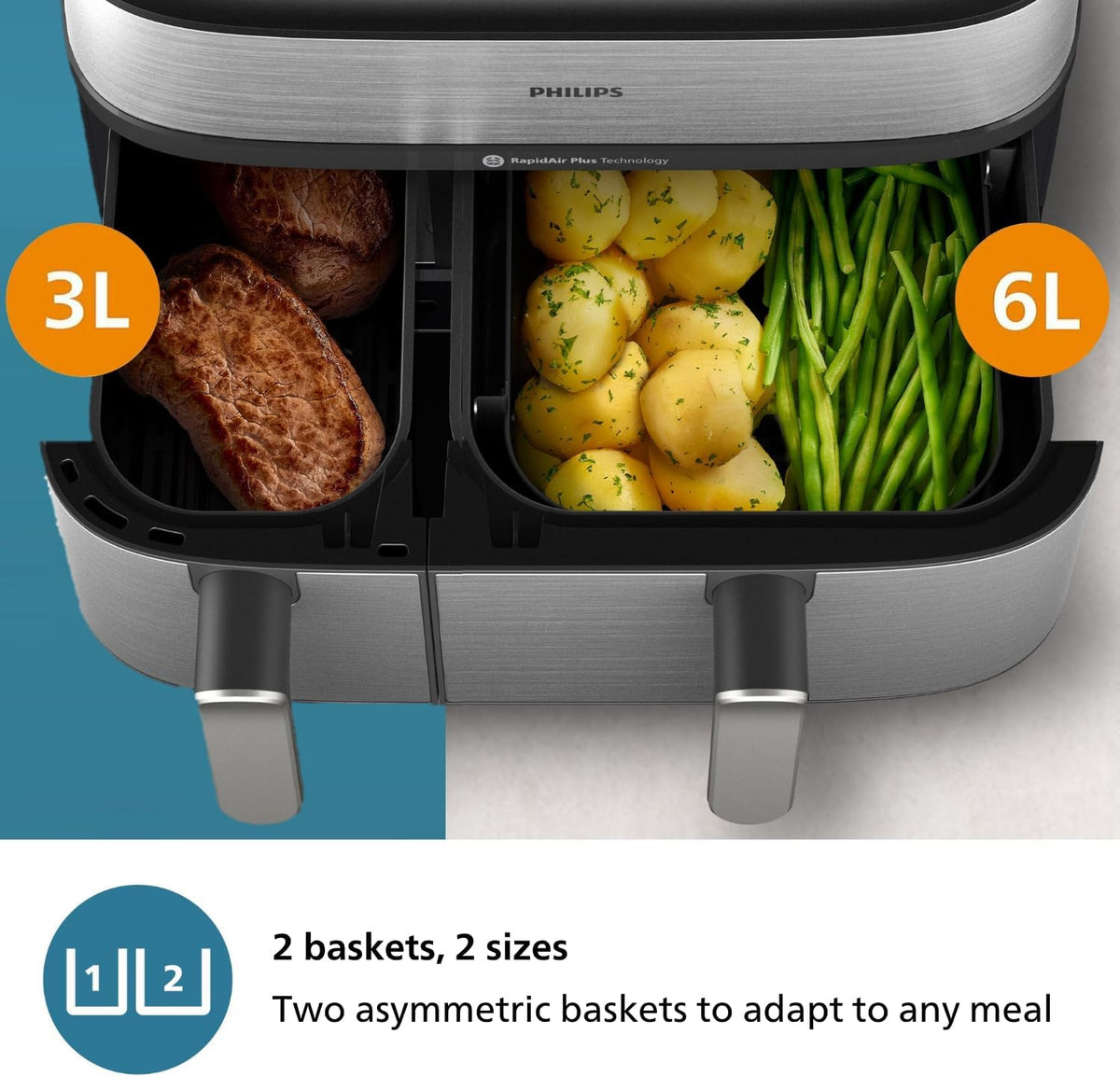 Philips Dual Basket AirFryer XXL With Steam, 9L/1.5KG, 2750W, 19 Functions — Silver