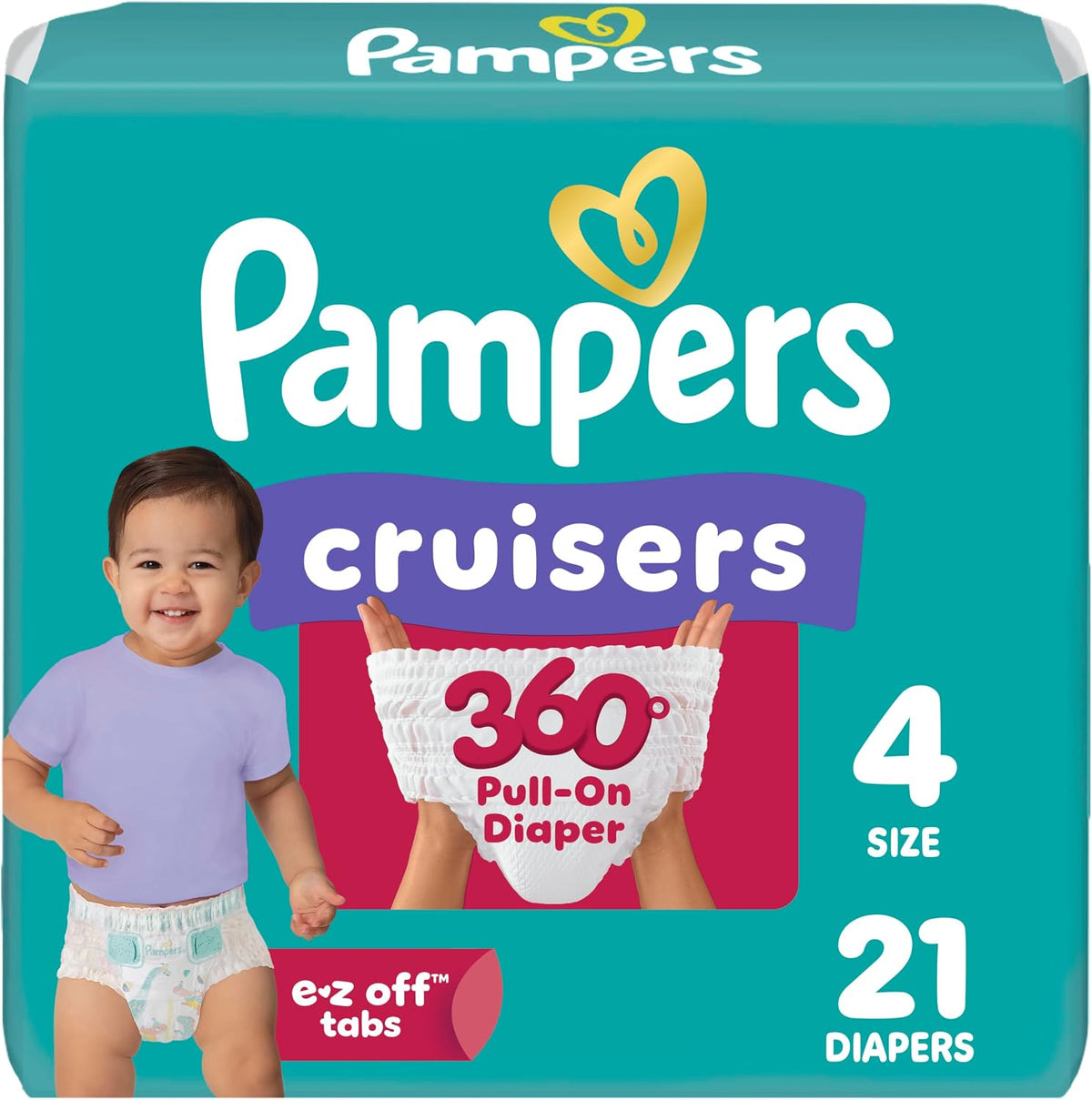 Pampers Diapers Size 4, 21 Count - Pull On Cruisers 360 Fit Disposable Baby Diapers with Stretchy Waistband, Jumbo Pack (Packaging May Vary)