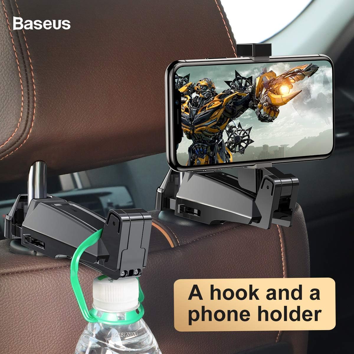 Baseus 2-in-1 Car Headrest Hook & Phone Holder | Backseat Hanger for Purses, Bags, Groceries (Up to 25kg) | Universal Foldable Rear Seat Mount — Black