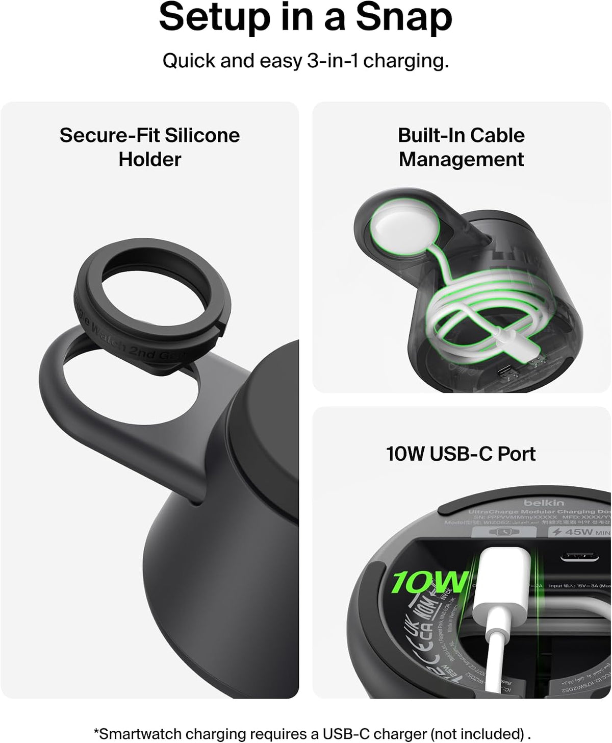 Belkin Ultracharge 3-in-1 Wireless Charging Station w/USB C Port for Smartwatch (watch charger not included), Qi2.2 Magnetic Charger 25W for Samsung S26, Galaxy Watch, Apple Watch, with 45W Adapter