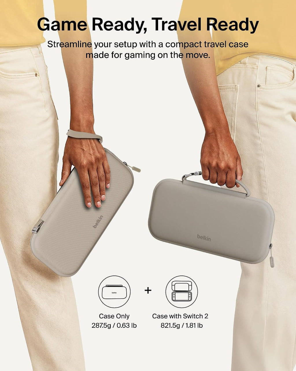 Belkin Nintendo Switch 2 Case Travel Bag w/AirTag Holder & Game Card Storage Pocket - Portable Lightweight Protective Carrying Case w/Hard Shell & Soft Interior, Gaming Travel Essentials - Sand