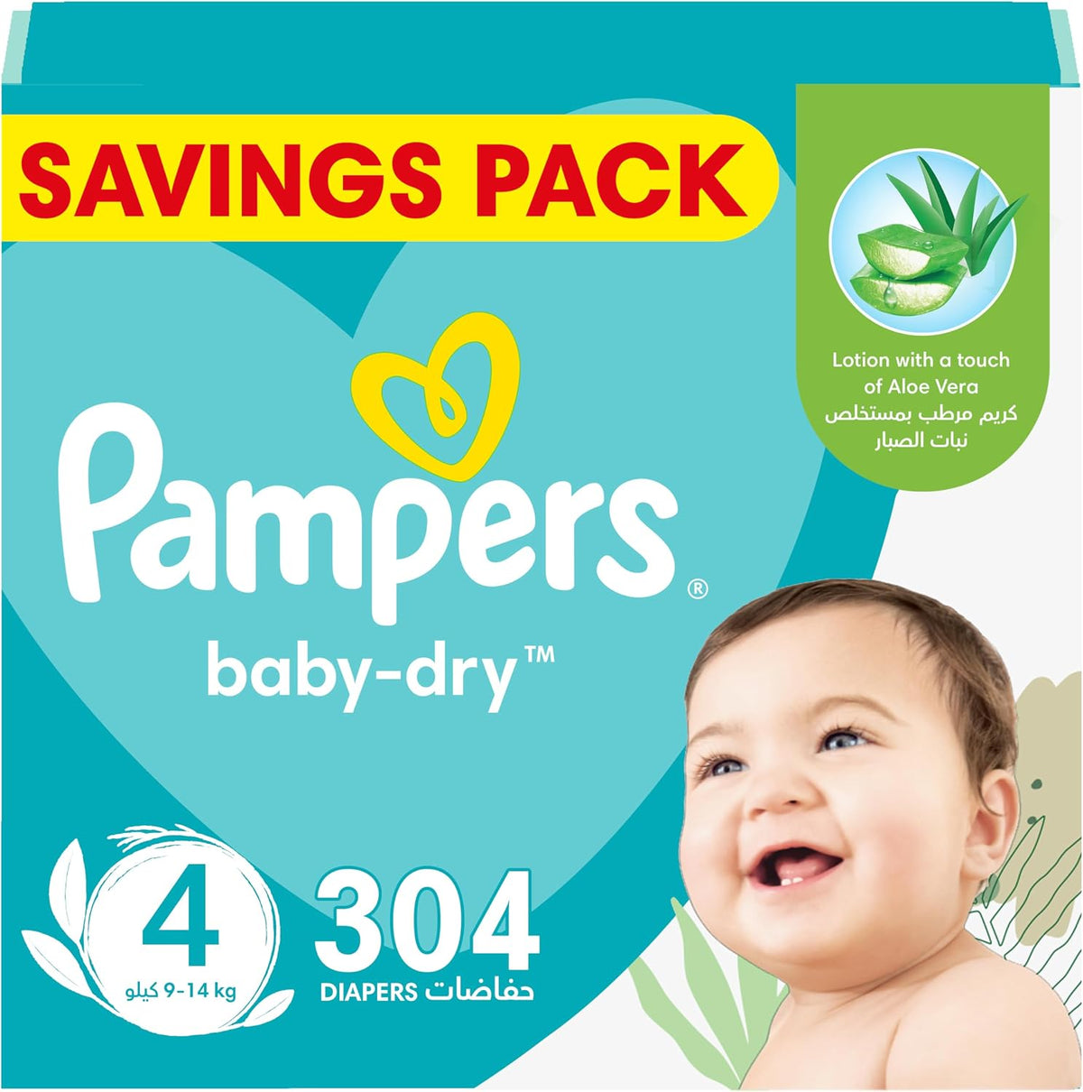 Pampers Baby-Dry Taped Diapers with Aloe Vera Lotion, up to 100% Leakage Protection, Size 4, 9-14kg, 304 Count