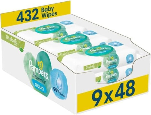 Pampers Harmonie Aqua Baby Wipes Plastic Free 9 Packs, 432 Baby Wet Wipes, Help Restore Natural Skin pH, with 99% Water