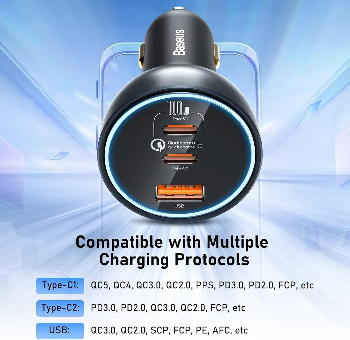 Baseus Qualcomm® Quick Charge™ 5 Technology Multi-Port Fast Charge Car Charger C+C+U 160W set Gray（with Baseus Xiaobai series fast charging Cable Type-C to Type-C 100W (20V/5A) 1m Black） — Black