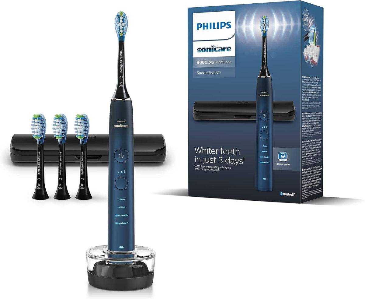 Philips Sonicare DiamondClean 9000 Series Electric Toothbrush, Sonic Toothbrush, Cleaner Teeth and Oral Care, Blue, with 4 x C3 Premium Plaque Defense Brush Heads (Model HX9911/89), 5 Piece Set — Aquamarine Gradient