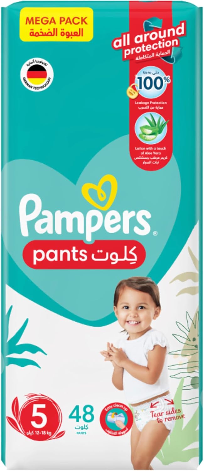 Pampers Baby-Dry Pants Diapers with Aloe Vera Lotion, 360 Fit & up to 100% Leakproof, Size 5, 12-18kg, Mega Pack, 48 Count