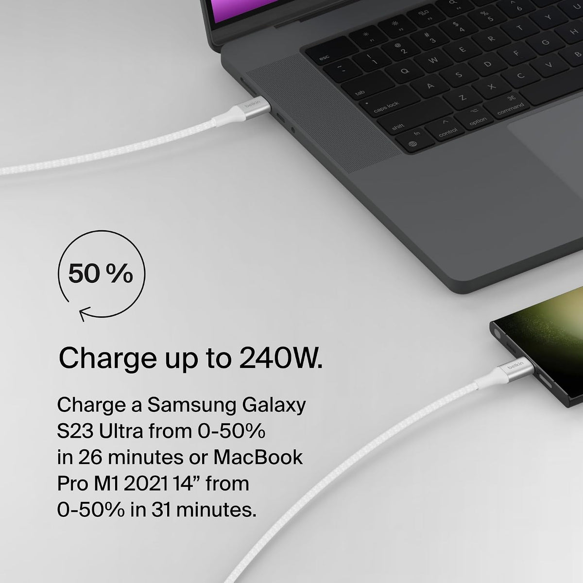 Belkin BoostCharge USB-C to USB-C Power charger cable, USB-IF certified fast charging cable with 240W Power Delivery for iPhone 16, 15, MacBook, Chromebook, Galaxy, iPad, Pixel & More - 2m, white