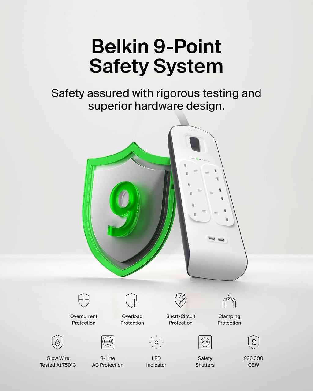 Belkin 6 Way 2 Meter Surge Protection Strip with 2 x 2.4 Ampere USB Charging