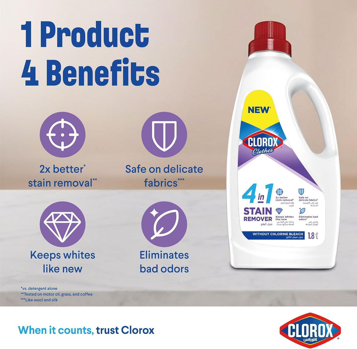 Clorox for Clothes 4in1 Stain Remover, 1.8L, Clorox For White Clothes Without Chlorine Bleach, Safe on Delicate Fabrics — additional view 3