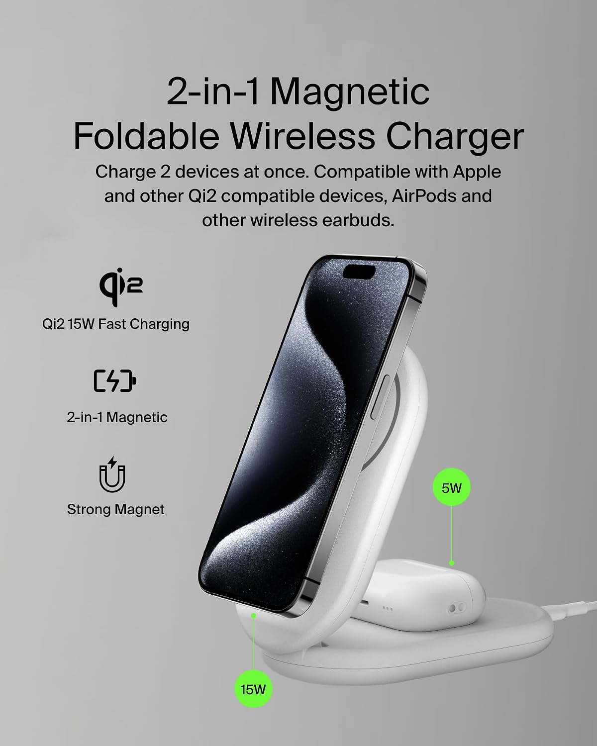 Belkin BoostCharge 2-in-1 Magnetic Foldable Qi2 Charger 15W, MagSafe Compatible Wireless Charger, Fast Charging for iPhone 17, Air, 16, 15, Charging Station with Non-Slip Base, PSU Included - White
