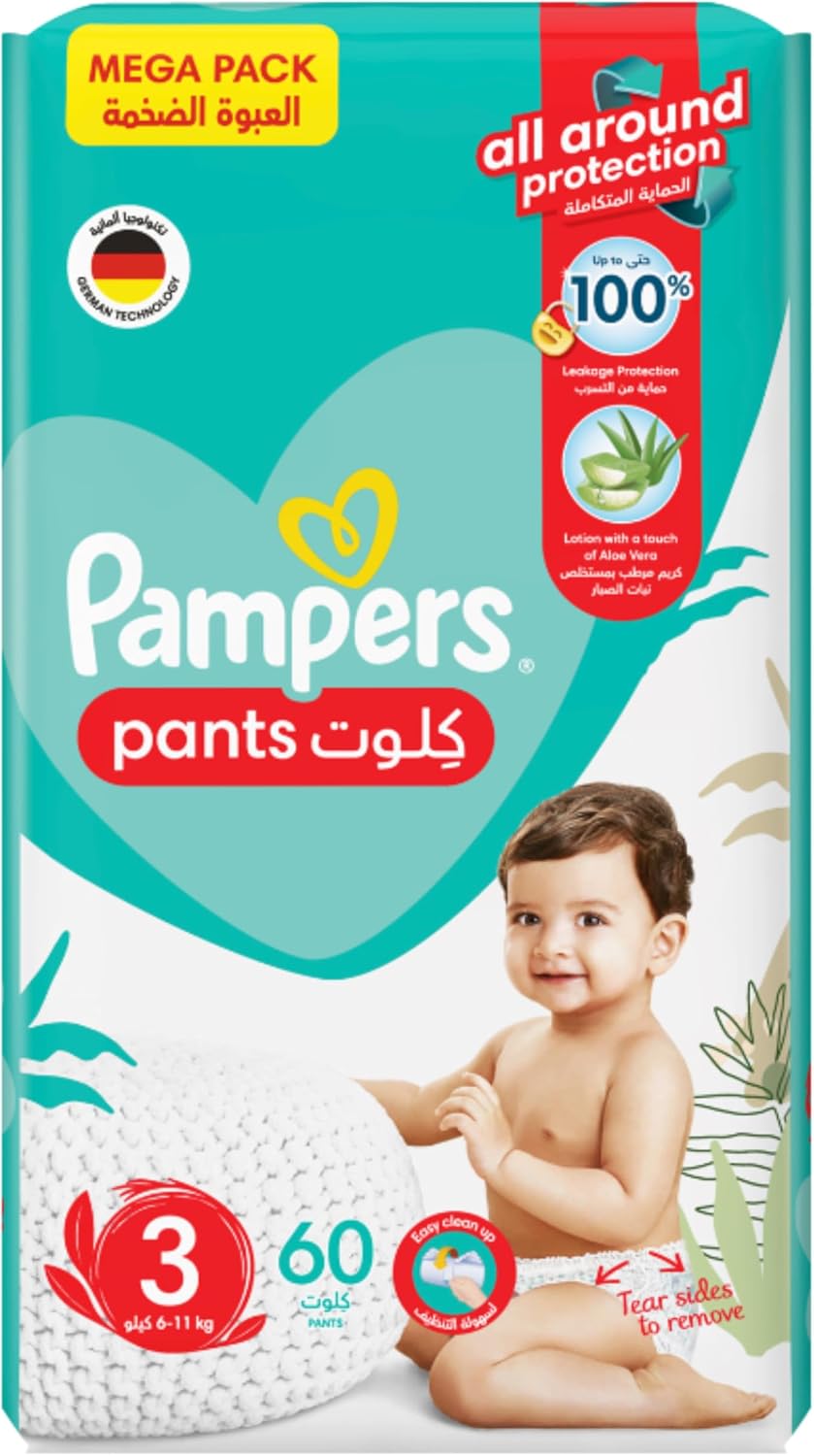 Pampers Baby-Dry Pants Diapers with Aloe Vera Lotion, 360 Fit & up to 100% Leakproof, Size 3, 6-11kg, Jumbo Pack, 60 Count