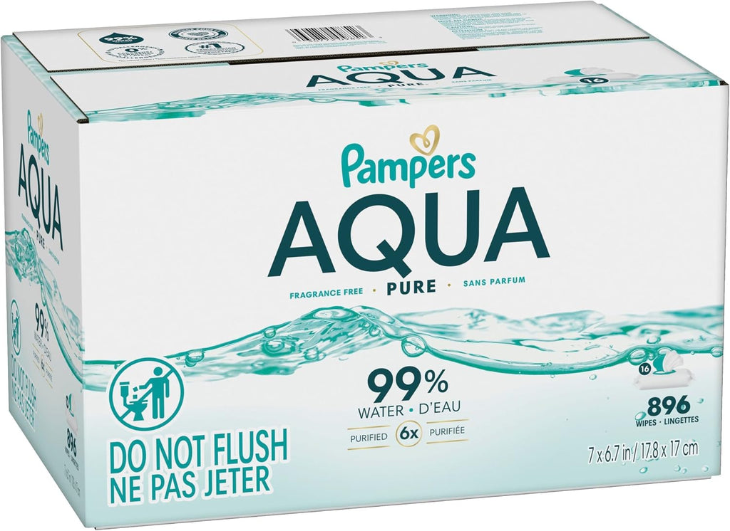 Pampers Aqua Pure Sensitive Baby Wipes, 99% Water, Hypoallergenic, Unscented (896 Count, 16 Flip-Top Packs)