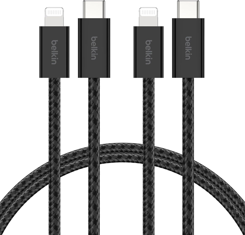 Belkin 2-Pack Braided USB-C Cable with Lightning Connector 5ft - Soft, Flexible Fast-Charging Cable, Lightning Charger Cord for iPhone 14 & Earlier Series, iPad 9th Gen, & AirPods - Black
