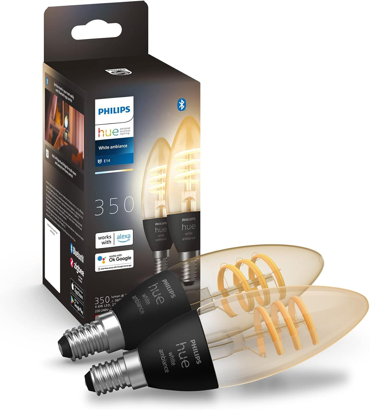 Philips Hue Filament Candle 2 Pack White Ambiance LED Smart Light Bulb [E14 Small Edison Screw] 4.9W for Indoor Home Lighting. Bedroom, Livingroom and Dining. — White Ambiance