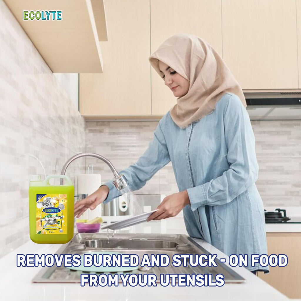 ECOLYTE+ Dishwashing Liquid Soap, Platinum Antibacterial Detergent & Perfect Shine, All Purpose Cleaner, Leaves No Residue, Kitchen Cleaner, Removes Grease & Oil - (Lemon, 5 Liter) — additional view 4
