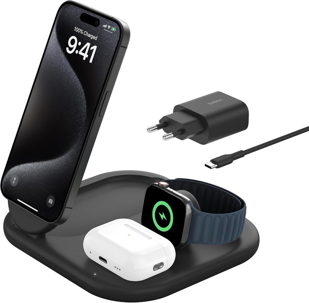 Belkin BoostCharge 3 in 1 Foldable Charging Station with Qi2, 15W - Black