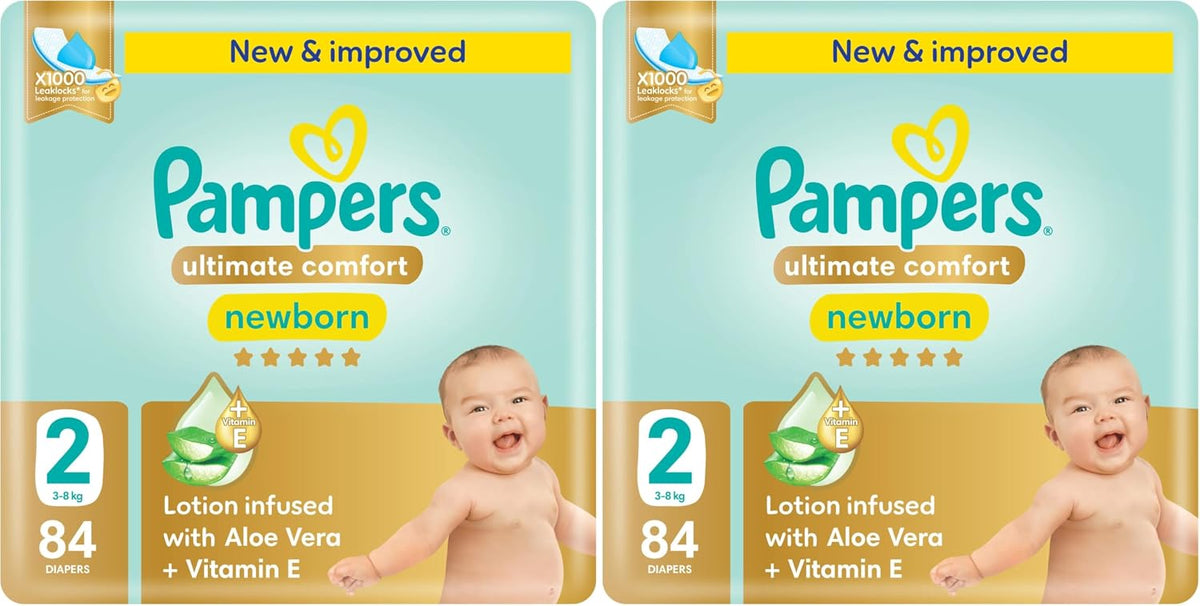 Pampers Ultimate Comfort Premium Taped Diapers Size 2, 3-8kg, 84 Count (Pack of 2)