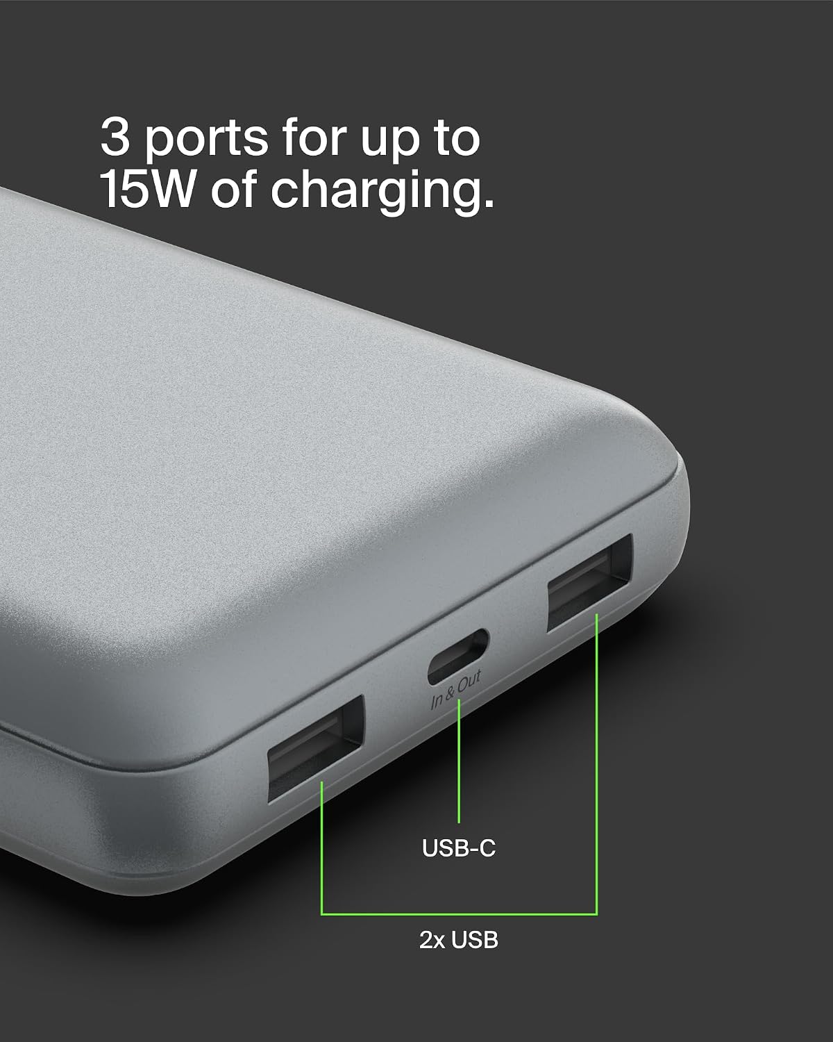 Belkin Portable Charger, USB C Power Bank 20000 mAh w/2 USB-A Ports, 15W w/A to C Cable - iPhone 17, Air, Pro, Pro Max, AirPods, Samsung Galaxy S25,iPad,Nintendo Switch 2,Google Pixel 10 – Space Gray