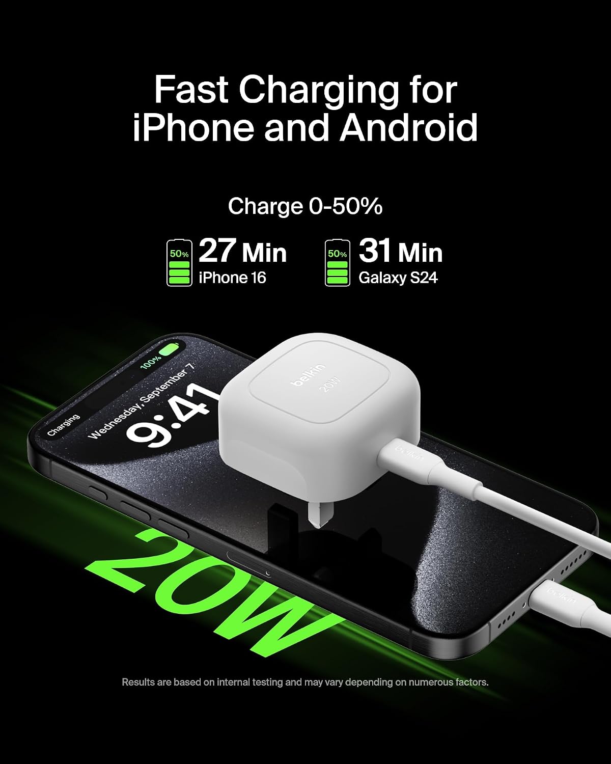 Belkin BoostCharge 20W Cubic Wall Charger, USB-C Power Delivery Fast Charging for Apple iPhone 17, Air, 16, Samsung Galaxy S25, Pixel 10, Nintendo Switch with USB-C to USB-C Cable included - White