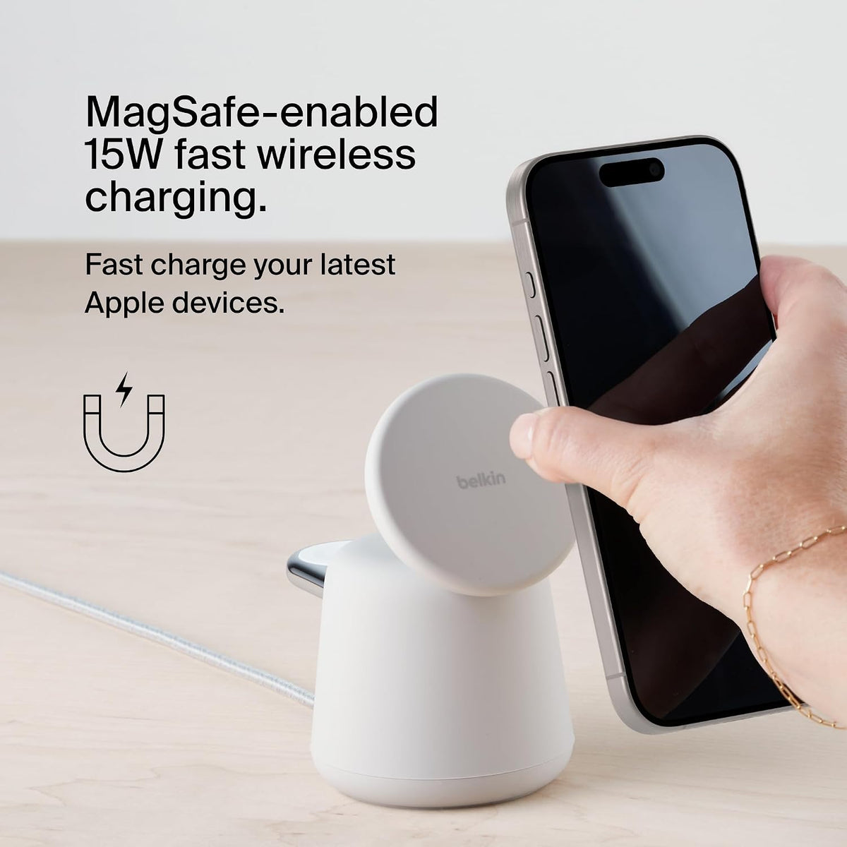 Belkin BoostCharge Pro 2-in-1 Wireless Charging Dock with MagSafe 15W Fast Charge iPhone Charger Compatible with iPhone 15, 14, 13, and 12 Series, AirPods, and Other MagSafe Enabled Devices