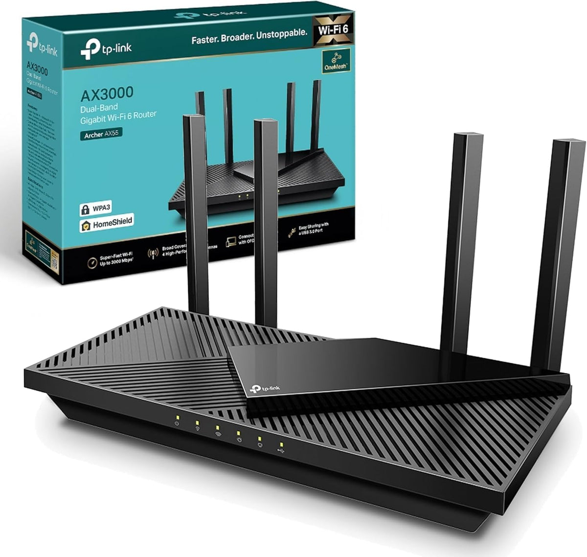 TP-Link Archer AX55 Next-Gen Wi-Fi 6 Router – AX3000 Mbps, Dual-Band Gigabit Wireless Router, OneMesh™ Supported, USB 3.0 Port, Ideal for Gaming & Streaming, Alexa Compatible