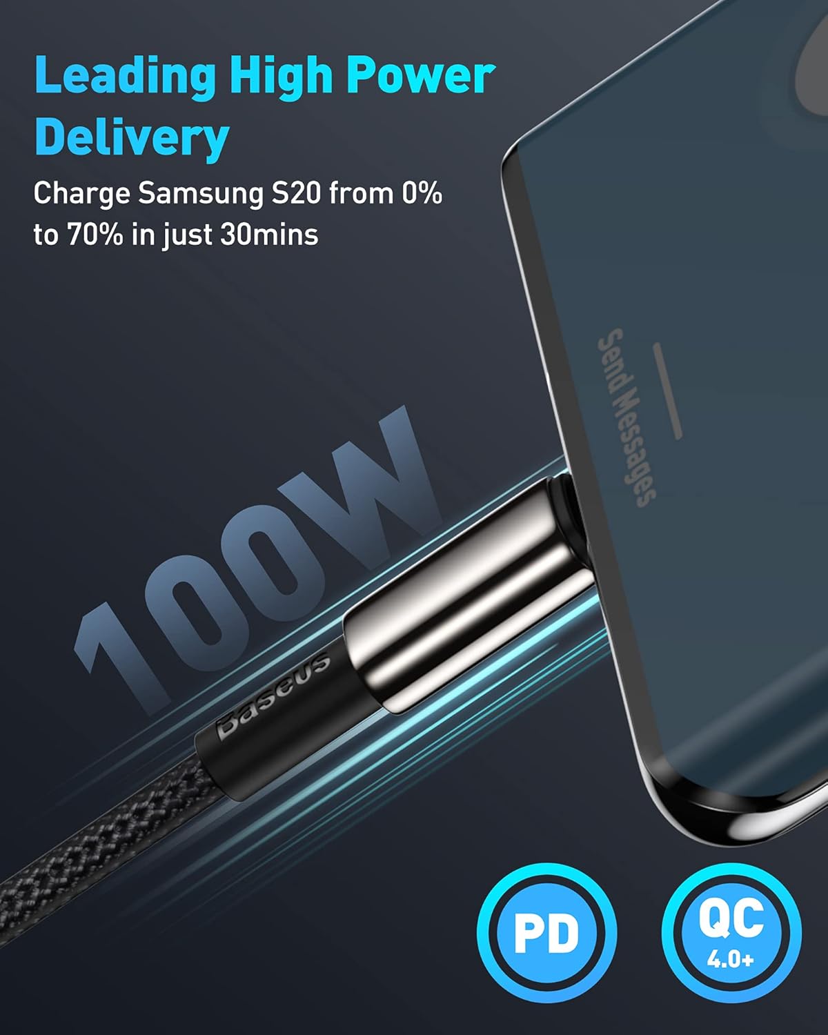 Baseus USB C Cable, Baseus 100W PD 5A QC 4.0 Fast Charging to Zinc Alloy Nylon Braided Type Data Cable — 3.3FT — Black