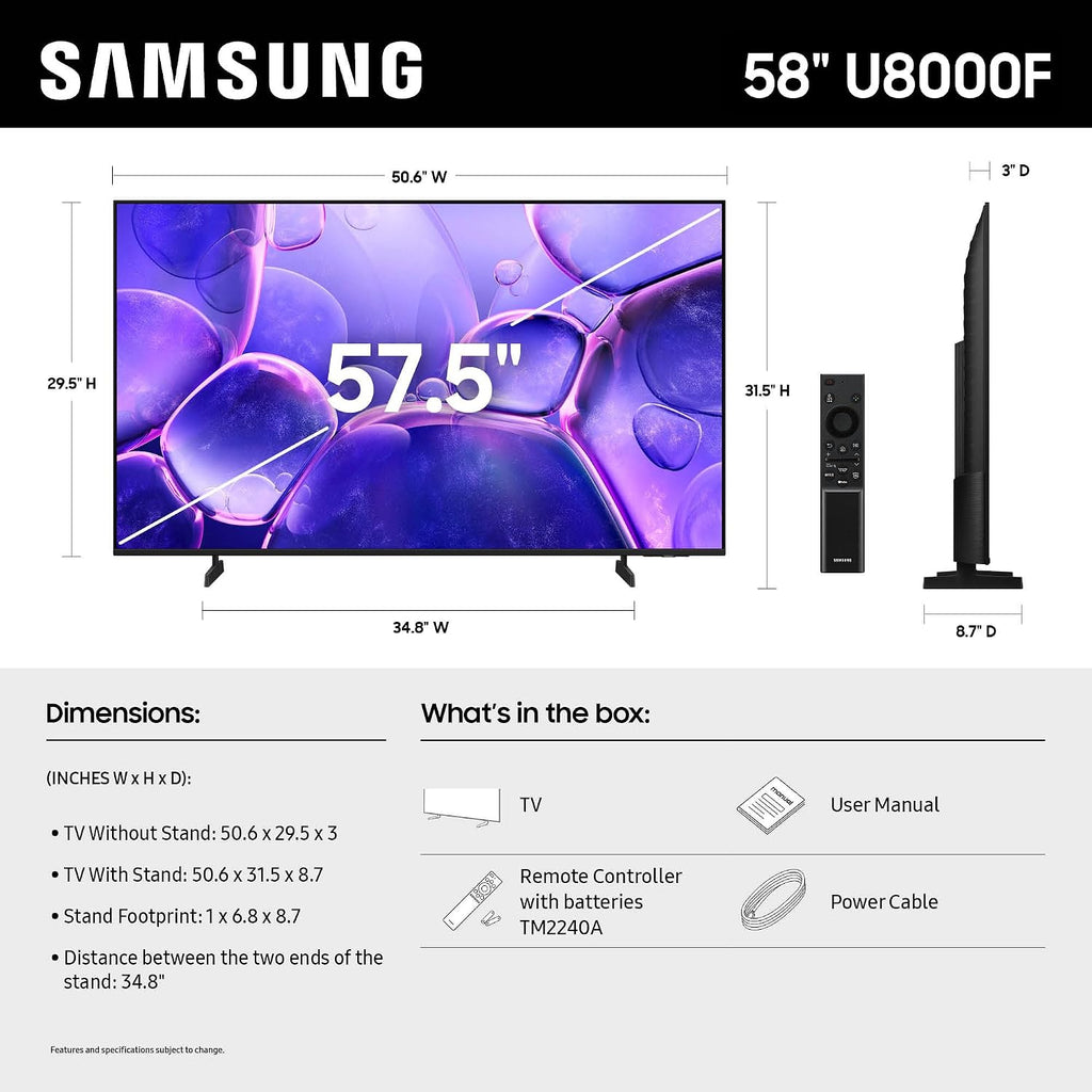 Samsung 58-Inch Class Crystal UHD U8000F 4K Smart TV (2025 Model) Endless Free Content, Processor, MetalStream Design, Knox Security, Alexa Built-in