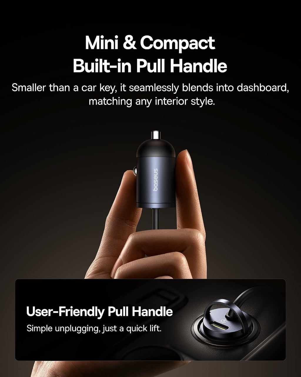 Baseus【1Port - Type C +30W Type L Coiled Cable】USB-C Car Phone Charger, Super Fast PD & QC 3.0 — Black