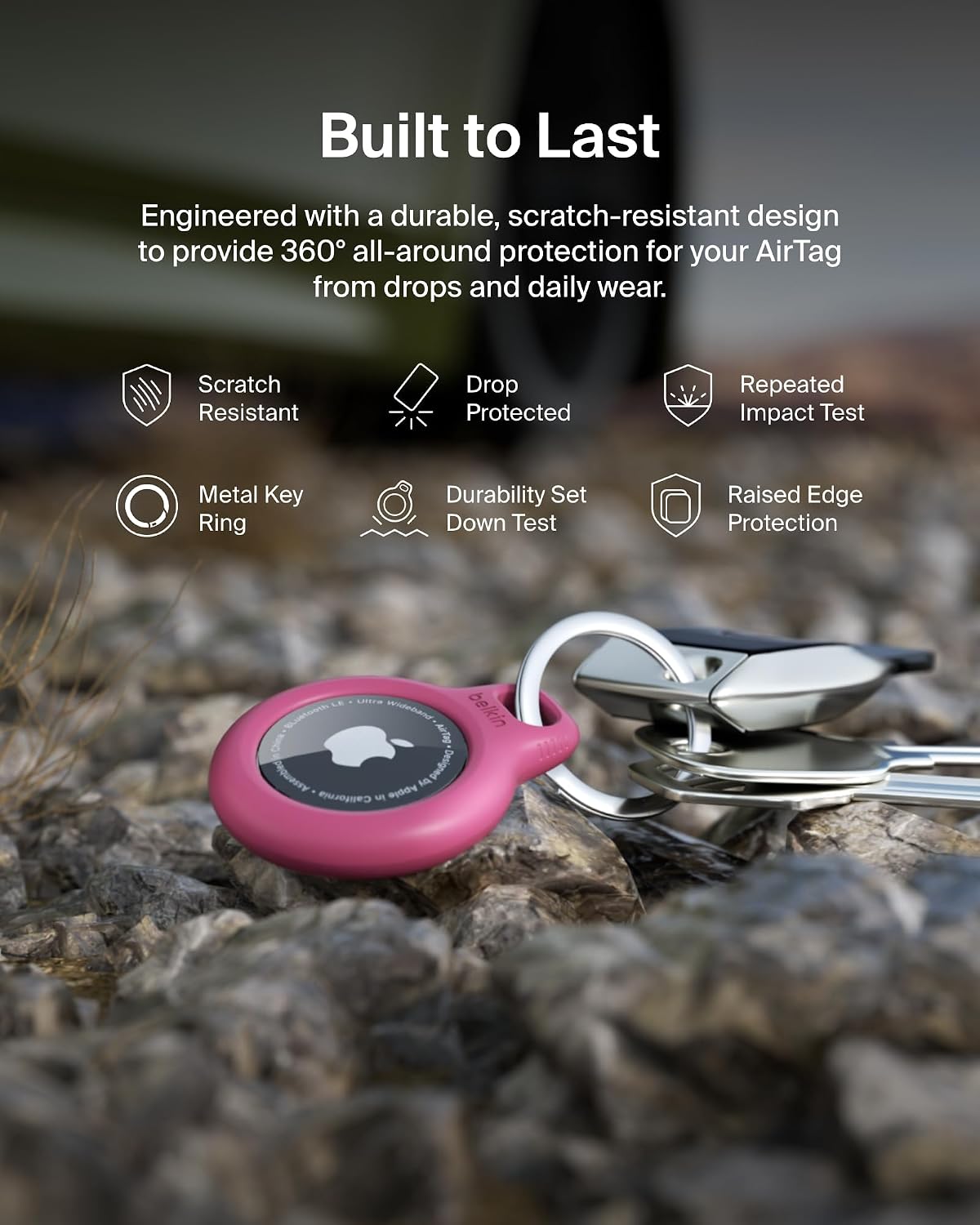 Belkin Airtag Case With Key Ring (Secure Holder Protective Cover For Air Tag Scratch Resistance Accessory) – Pink