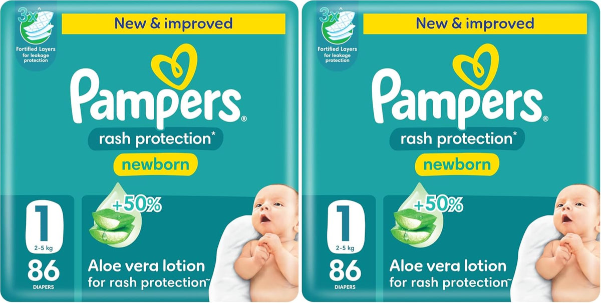 Pampers Rash Protection Aloe Taped Diapers Size 1, 2-5kg, Mega 86 Count (Pack of 2)