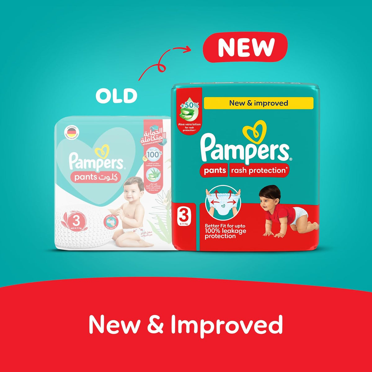 Pampers Rash Protection Pants Diapers, Size 3, 6-11kg, +50% Aloe Vera Lotion, 360° Leak-Free Fit for up to 100% Leakage Protection, 240 Count