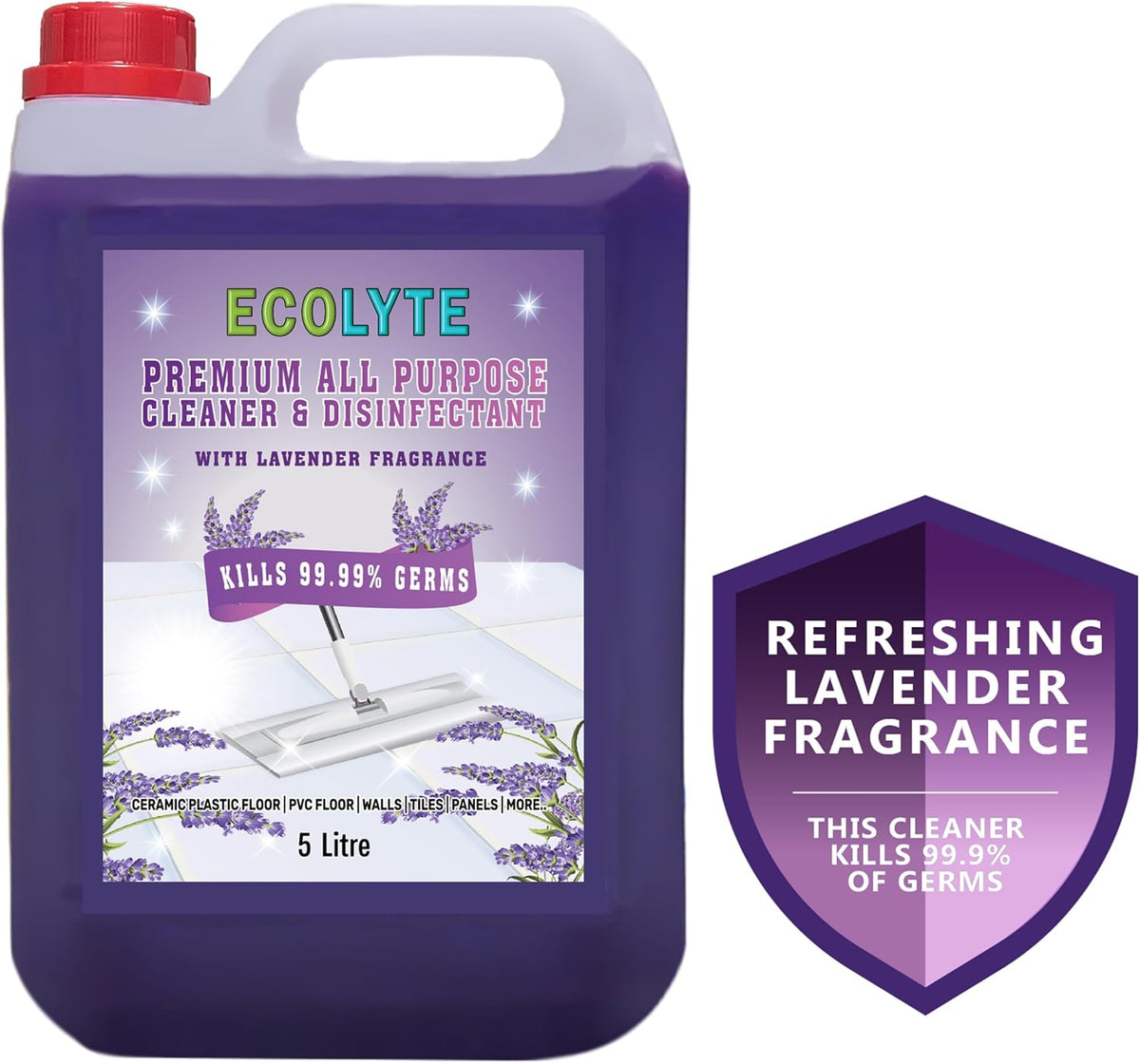 ECOLYTE+ Floor Cleaner, Premium All Purpose Cleaner Plus Disinfectant, for Hospital, Home, Office & Commercial Use for Dirt, Stains & Germs, Floor Cleaning (Lavender, 5 Liter) — additional view 2