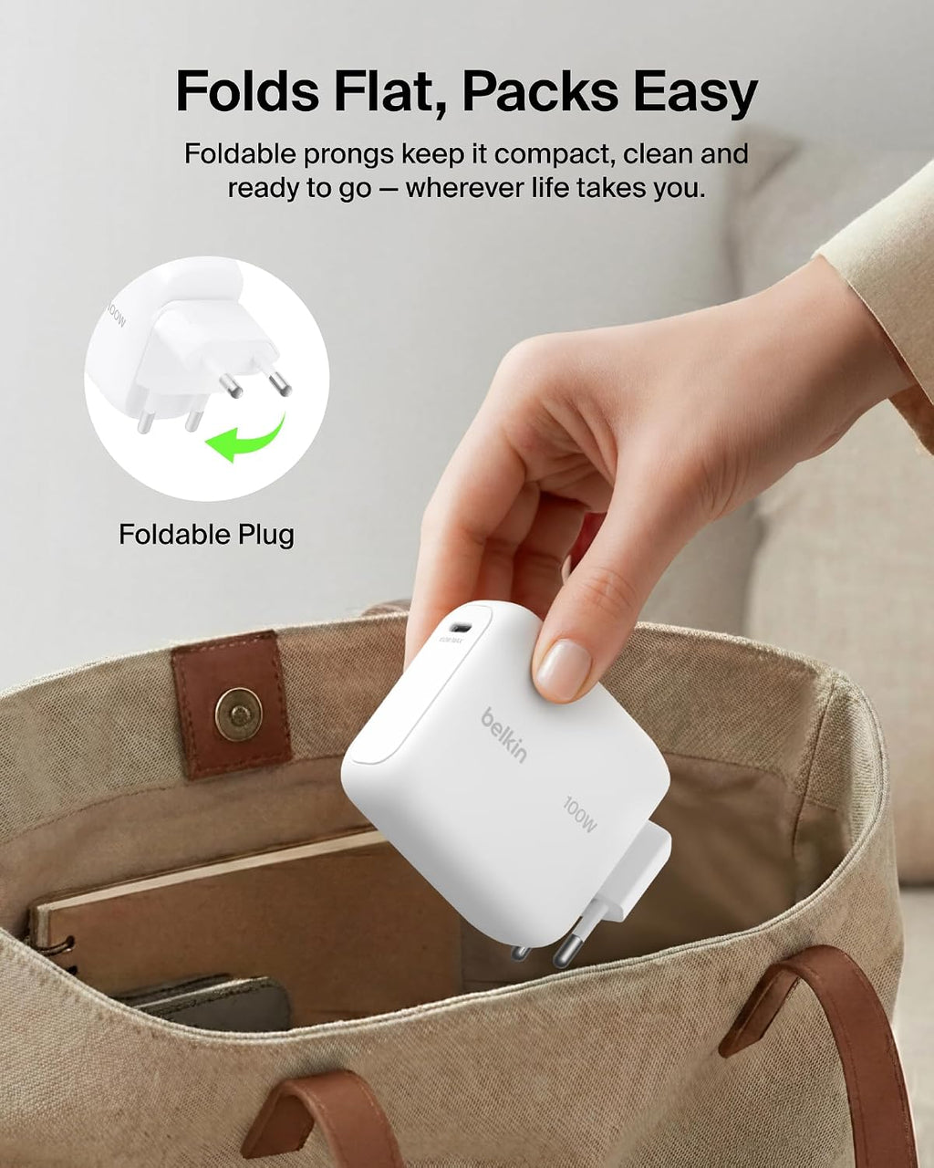 Belkin BoostCharge USB C Plug Charger 100W, GaN Compact and Foldable Plug Charger, Fast Charging for iPhone 17, Samsung Galaxy S26, Pixel 10, Tablet, MacBook - 1.5m USB C Cable Included - White