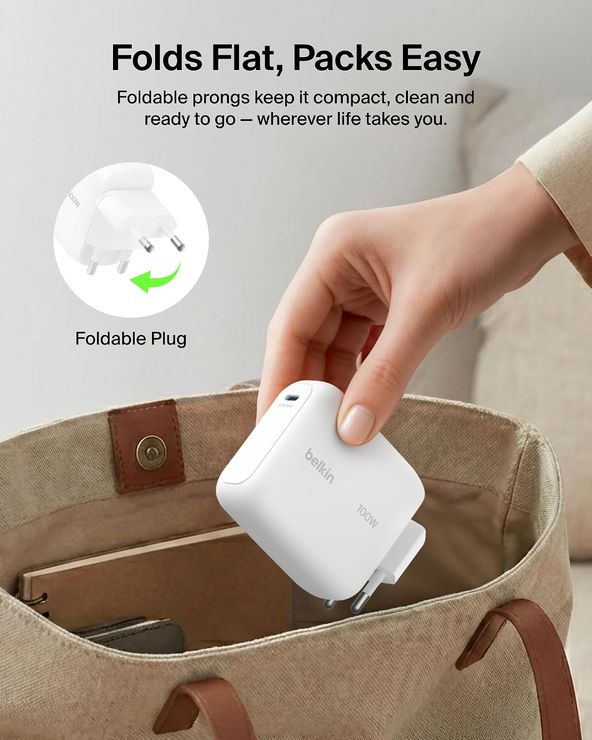 Belkin BoostCharge USB C Plug Charger 100W, GaN Compact and Foldable Plug Charger, Fast Charging for iPhone 17, Samsung Galaxy S26, Pixel 10, Tablet, MacBook - 1.5m USB C Cable Included - White