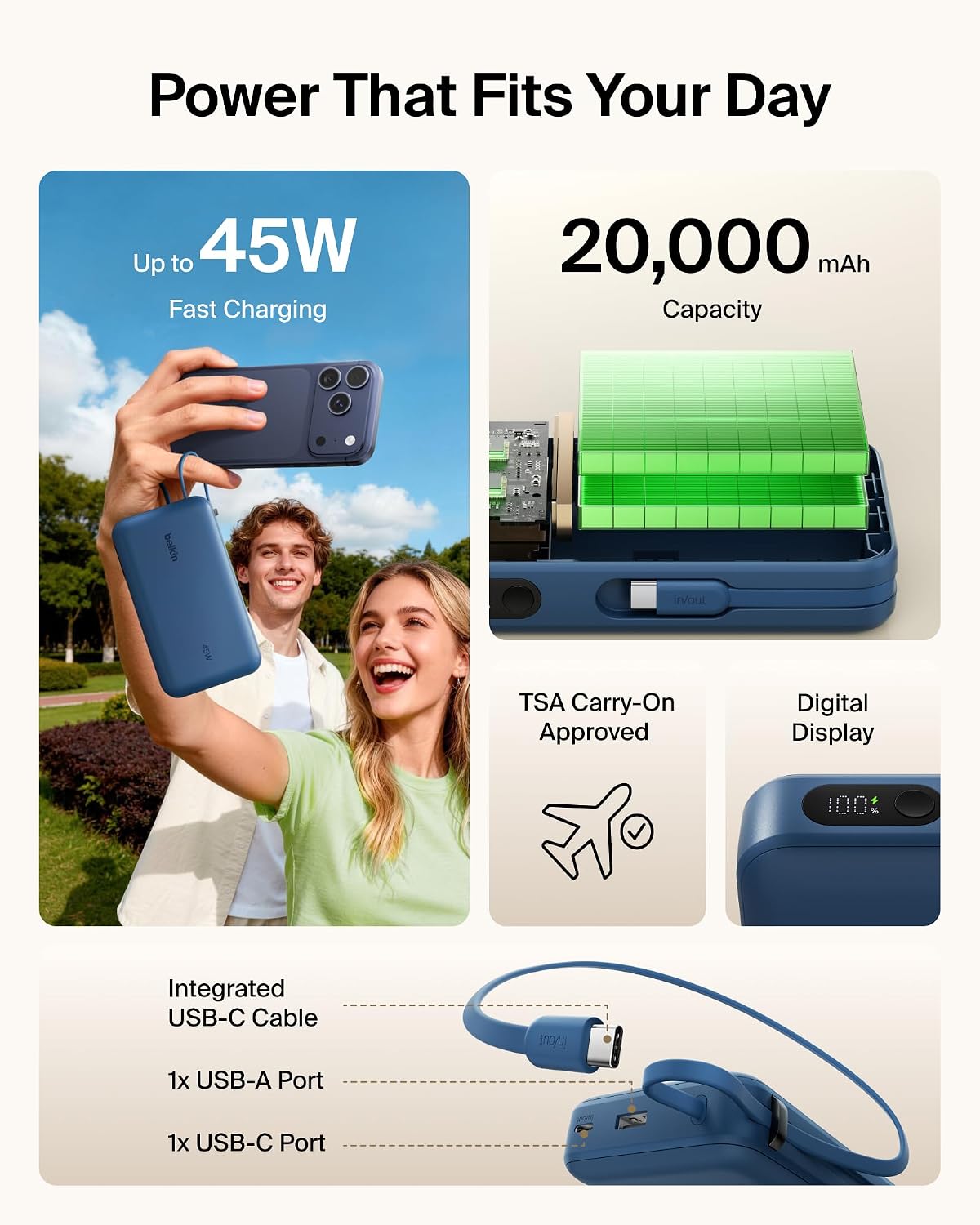 Belkin UltraCharge 20000mAh 45W Power Bank with USB-C Cable & Display- Blue