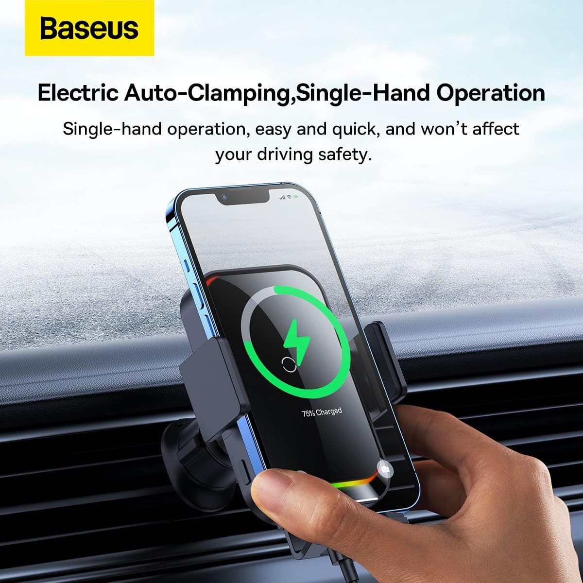 Baseus 15W Car Wireless Charger for Air Vent, Auto Clamping Car Phone Holder, Automatic Induction & Dynamic Lighting Car Phone Mount — Black