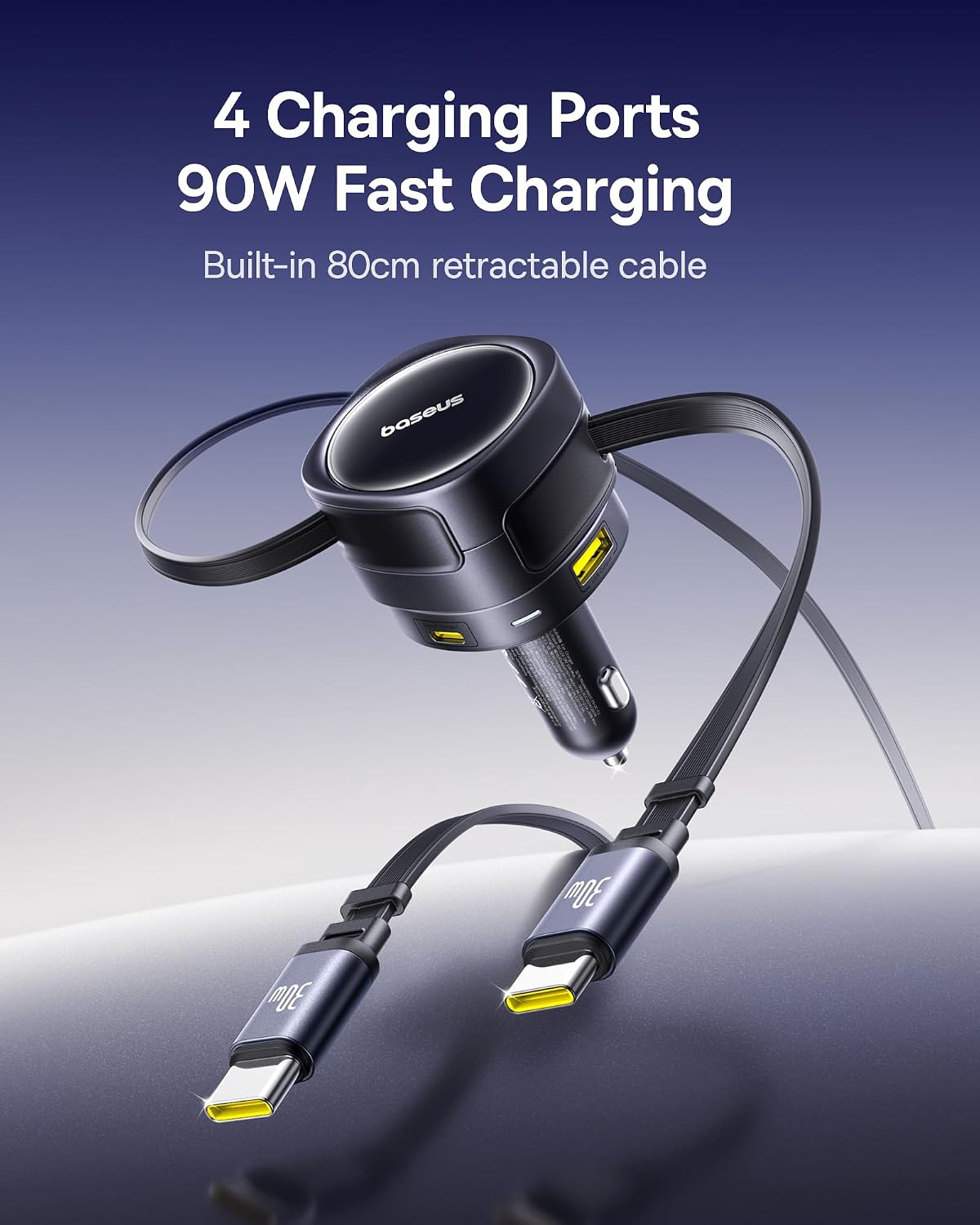 Baseus Enjoyment Max 90W Car Charger – Dual USB-C Ports with C+C & U+C Output, Fast Charging Adapter with USB-C Cable Included, PD/QC Support for Laptops