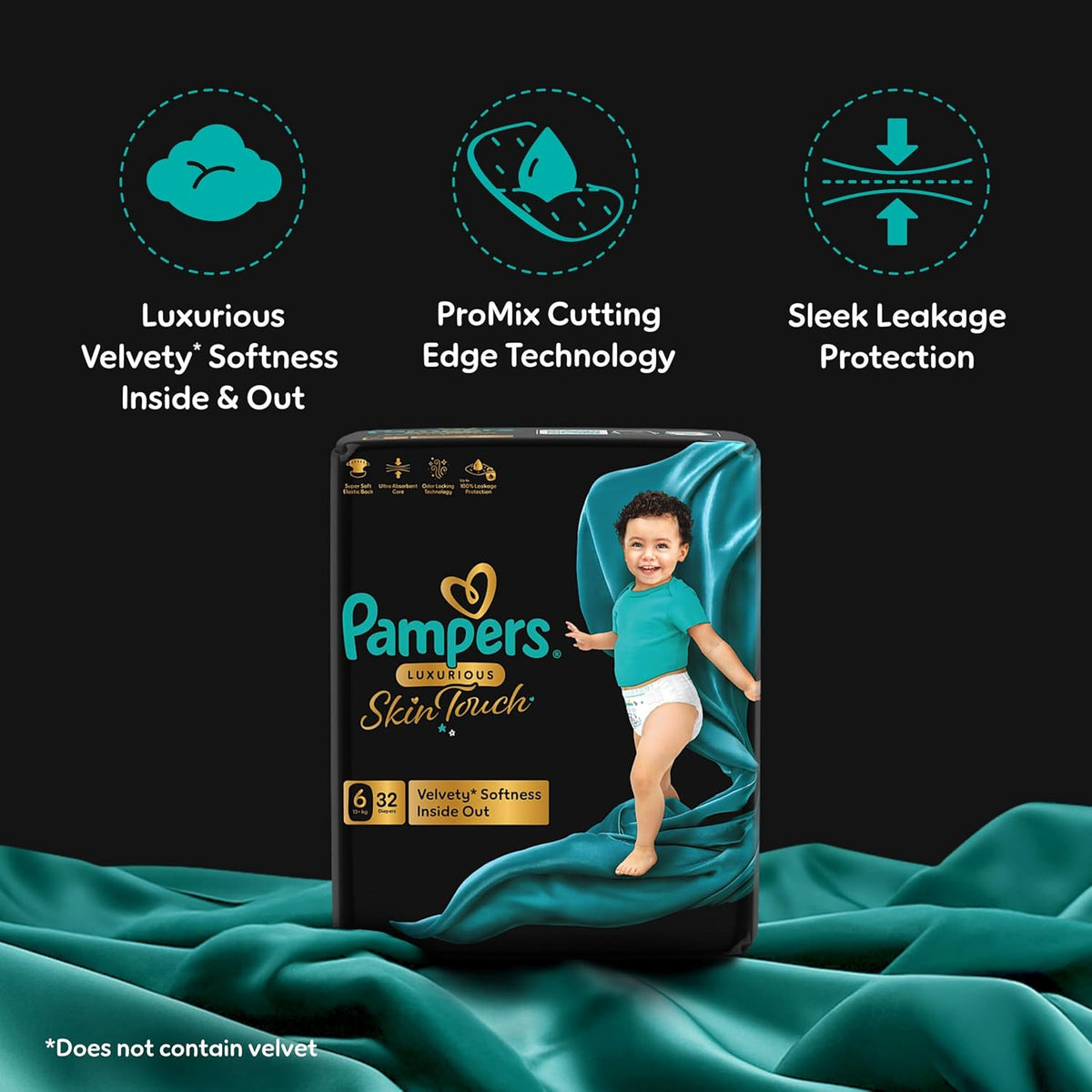 Pampers Luxurious Skin Touch Premium Diapers Size 6, 13+kg 32 for Toddlers (Pack of 2)